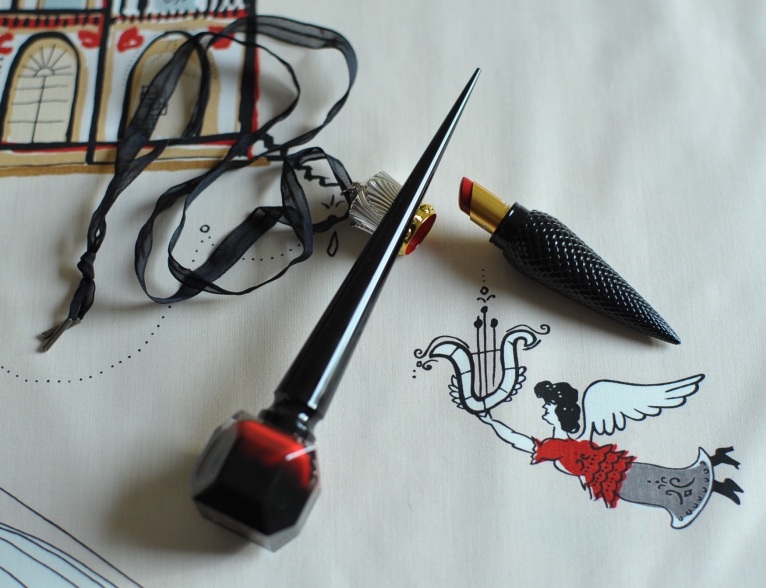 'Opera' by Saul Steinberg for F Schumacher with Christian Louboutin iconic rouge lip and nail colour